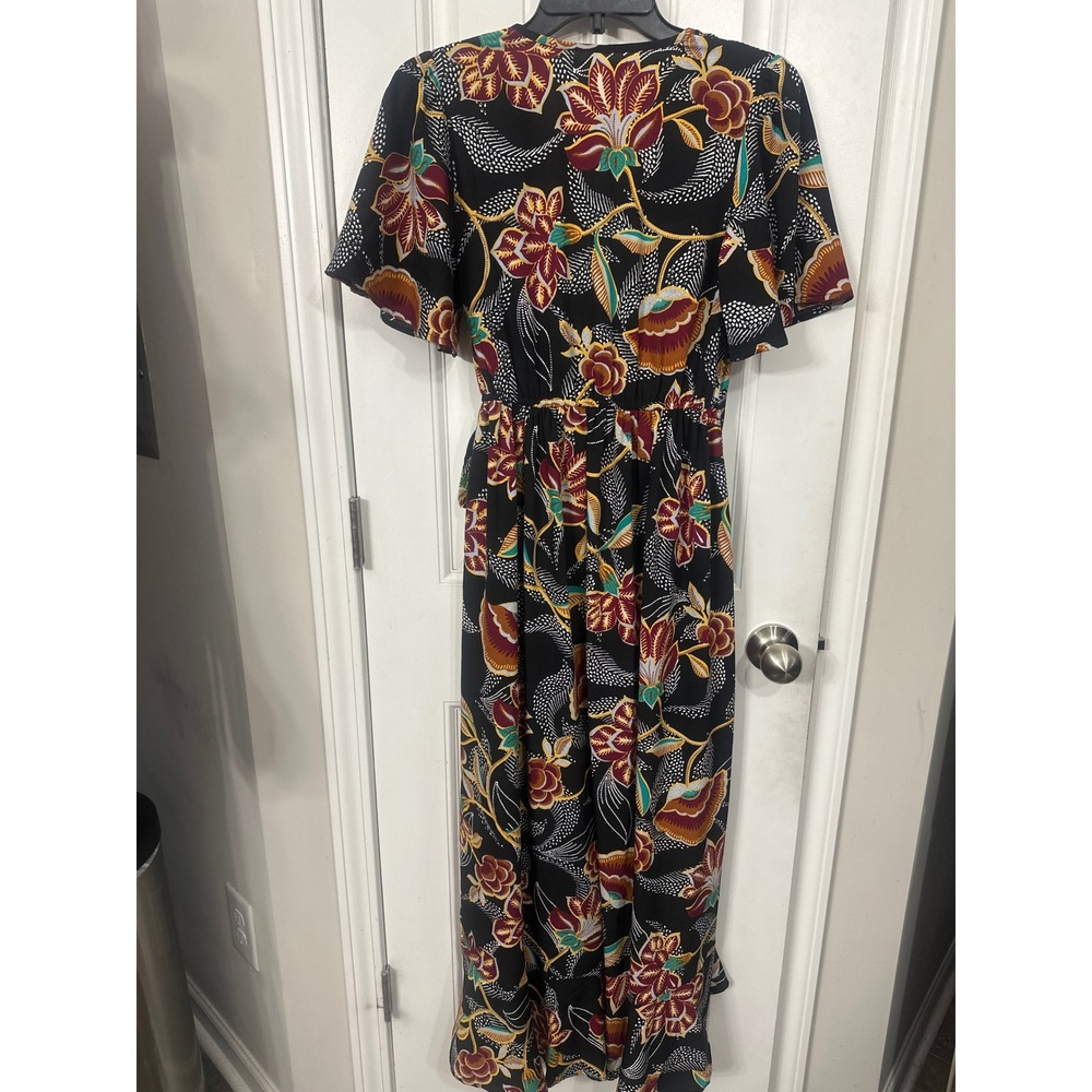 Band of the Free Floral Wrap Maxi Dress Black Short Flutter Sleeve Ruffle Hem S - Picture 5 of 8